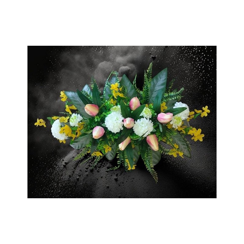Stroik Wielkanocny Czarna Doniczka - Tulipany, Goździki, Forsycja